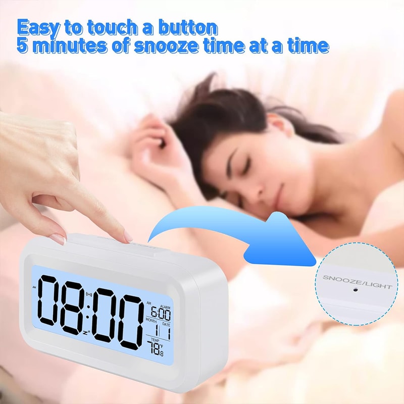 Battery Operated Digital Alarm Clock With Indoor Temperature Light Sensor Backlight Display For Bed 4