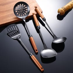 stainless steel kitchen utensils, wooden handle sabli spatula, black soup spoon, golden kitchen tools, leaking spatula
