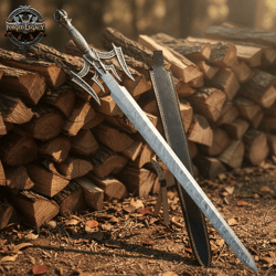 hand forged damascus barbarian sword | viking long sword replica | handmade engraved cosplay sword | fantasy christmas g