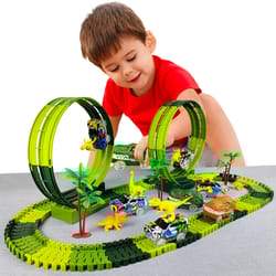 flexible race track toy set electric dinosaur car for kids with climbing action & led lights