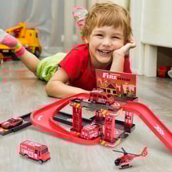 interactive track parking lot toys for kids, multi-level car park building with fire & dinosaur vehicles