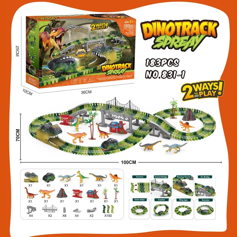 Dinosaur Track Electric Dinosaur Car, Light-Up Mountain Road Rail Toy for Kids