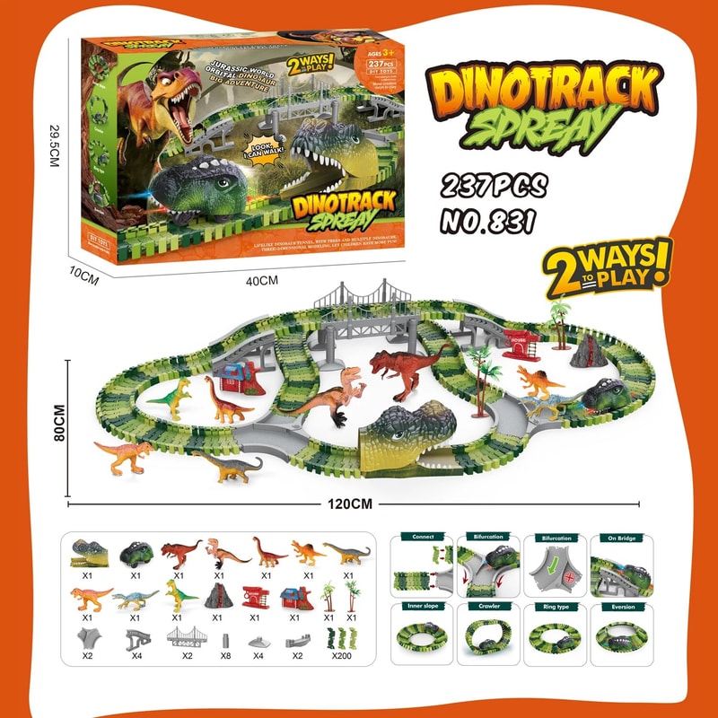 Dinosaur Track Electric Dinosaur Car, Light-Up Mountain Road Rail Toy for Kids