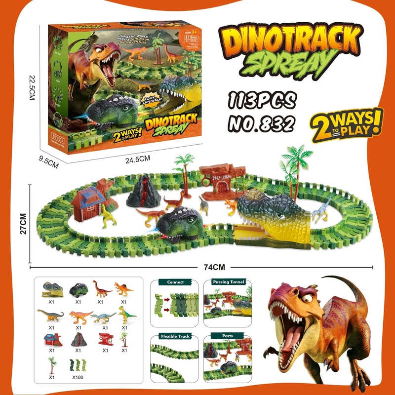 Dinosaur Track Electric Dinosaur Car, Light-Up Mountain Road Rail Toy for Kids