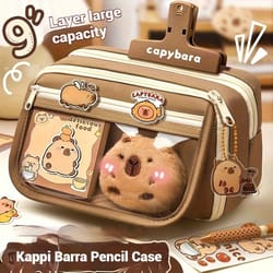 cute capybara canvas pencil case set with doll stickers, layered compartment, zipper closure for back to school supplies