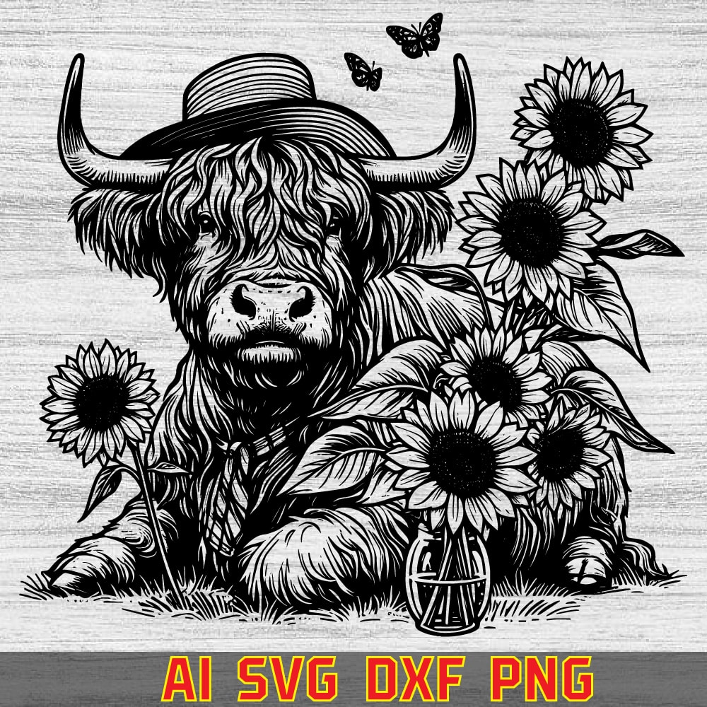 Highland Cow With Sunflowers Vector Line Vector Dxf Laser Screen Silhouette Unique Tithir Desi 0