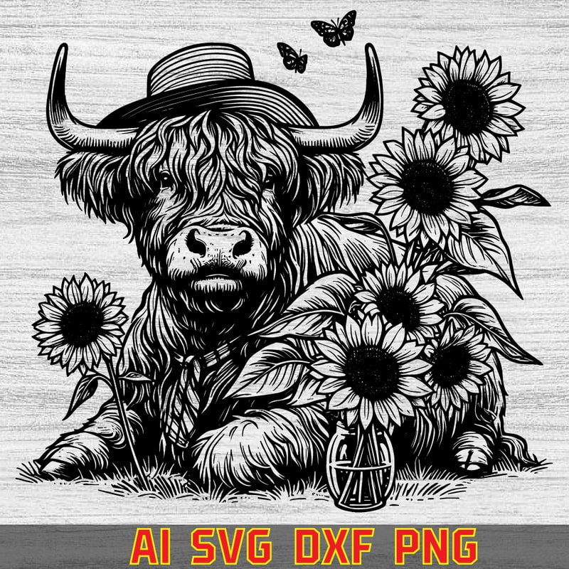 Highland Cow With Sunflowers Vector Line Vector Dxf Laser Screen Silhouette Unique Tithir Desi 0