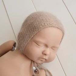 Newborn knitted brown bonnet photo prop. Angora new baby boy photography hat. Fuzzy yarn newborn prop. Soft new kid phot