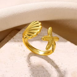 gold adjustable rings, stackable ring, starfish and shell ring, handmade jewelry gift for her, boho ring set, open rings