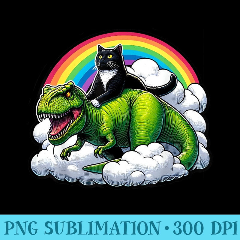 Black Cat Riding Dinosaur T Rex Rainbow Clouds Funny - PNG Download - Bold & Eye-catching