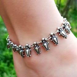 teardrop anklet – adjustable antique silver plated - boho beach jewelry – statement gift for women - 8888880050005