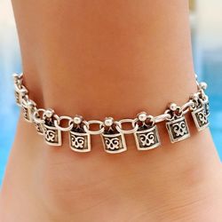 square silver anklet – antique silver plated – boho jewelry – adjustable womens gift – boho anklet - 8888880050029