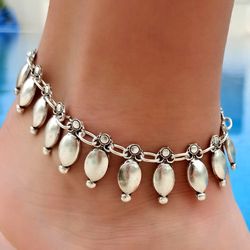 oval motif anklet – adjustable fit – antique silver plated – boho beach jewelry – gift for her – 8888880050027