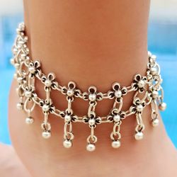 double-strand beaded anklet – adjustable antique silver plated - chunky beads – boho beach jewelry - 8888880050001