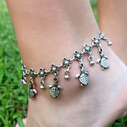 turtle silver anklet – adjustable - antique silver plated - ocean inspired jewelry gift for women - 8888880050038