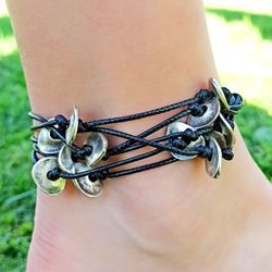 dangle disk anklet – adjustable antique silver plated – boho beach jewelry – statement gift for women - 8888880050011