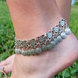 geometric tugra anklet – adjustable antique silver plated - turkish symbol charm - boho beach jewelry - 8888880050042