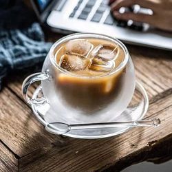 heat resistant double layer glass coffee cup with handle, transparent borosilicate water, tea, milk, juice mug & saucer