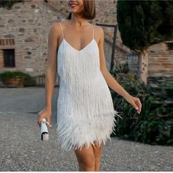 2025 sexy feather sequins tassel mini dress, spaghetti strap evening club dress for women elegant stitching