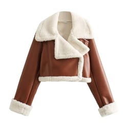 womens clothing, shearling fleece jacket, double sided short coat, turn down collar outerwear