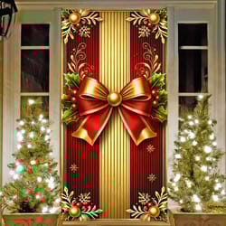 autumn and winter christmas banners, red gold color door covers, new years decorations with bows for home wall party