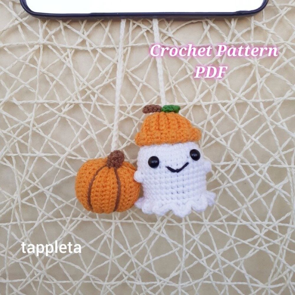 Ghost And Pumpkin Car Hanger Crochet Pattern Halloween Car Accessories Crochet Ghost With Pumpkin Hat Fall Car Decor 0