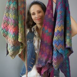 Multicolor knit shawl Entrelac shawl Rainbow handmade wrap Triangle shawl Knit handmade kerchief Striped wool scarf her