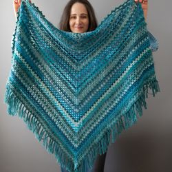 Turquoise wool shawl Boho Ladies all season handmade wrap Blue crocheted shawl fringed Cozy scarf Knit handmade kerchief