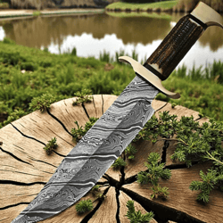 snake damascus steel bowie knife | deer horn handle | custom full tang hunting & survival knife