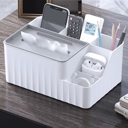 multi functional tissue box with remote holder, desk organiser for living room, kitchen, office plastic storage