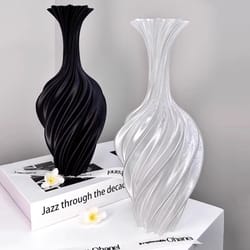 modern plastic flower vase, white black aesthetic, room decoration, floral arrangement bottle