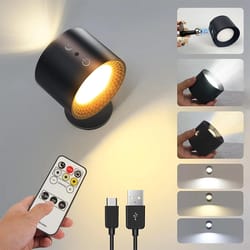 usb rechargeable wall lamp, wireless, portable, with touch and remote control, 360 rotatable double head for bedroom
