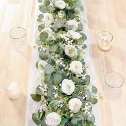 lifelike artificial eucalyptus vine garland, with fake rose flowers, gypsophila, for wedding, party, home table runner