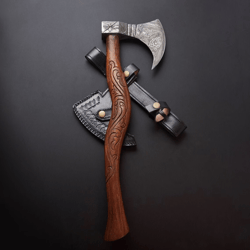 Hand-Forged Damascus Steel Viking Axe with Wooden Handle and Leather Sheath