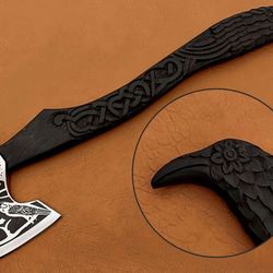 Crafted Stainless Steel Carved Axe with Leather Sheath