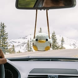 crochet frog and duckling car pendant, cute soft yarn animal decor, rearview mirror gift charm