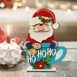 festive wooden santa in mug ornament, christmas home decor, ho ho ho holiday decoration, rustic xmas ornament gift