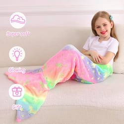 glow in the dark mermaid tail blanket, cartoon rainbow unicorn mermaid, super soft flannel blanket gifts for girls
