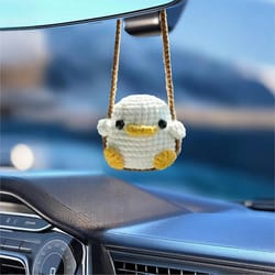 soft yarn crafted rearview mirror decor, cute crochet animal car pendant, frog and duckling design, unique handmade gift