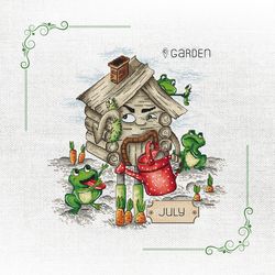 frogs' paradise july delight cross-stitch design - summer rustic decor. july frolic cross-stitch pattern