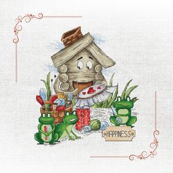 enchanted garden happy hut frog cross stitch pattern - whimsical home decor needlework