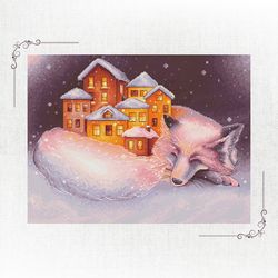 sleeping fox in snow cross stitch design, whimsical winter village scene embroidery