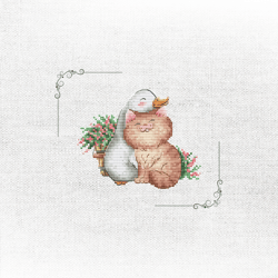 adorable cross-stitch template: kitten cuddling with duckling