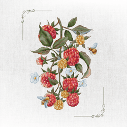 botanical raspberry cross stitch - bumblebee and berry garden embroidery