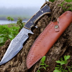 damascus steel hunting knife | stag horn handle | 7.5" outdoor blade + leather sheath | hunting knife gift | father day