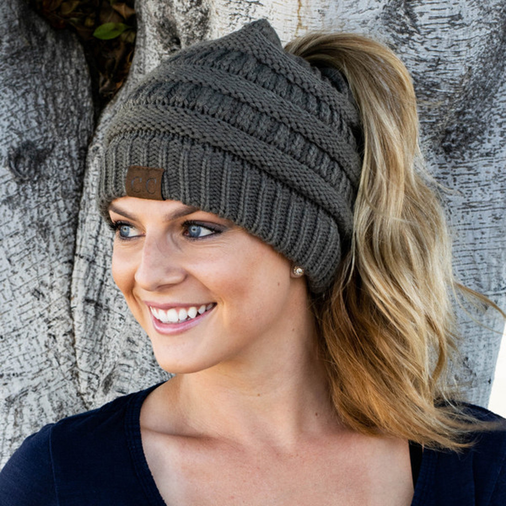 Soft Knit Ponytail Beanie dark grey