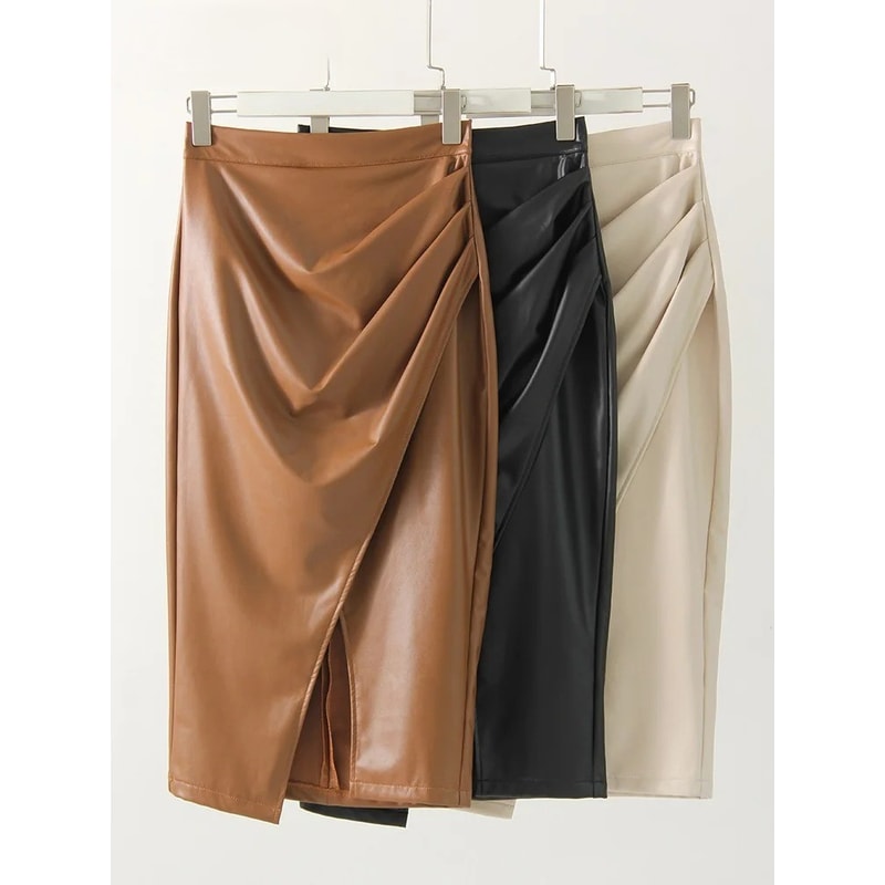 Elegant Black PU Leather High Waist Bodycon Midi Skirt For Women 3