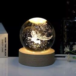 crystal ball night light space astronaut half moon with led wooden stand, room decor glass sphere lamp night light