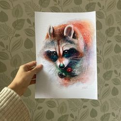 Raccoon Poster Print, 8 by 12 in, Raccoon Watercolor Artwork, Cute Raccoon Prints