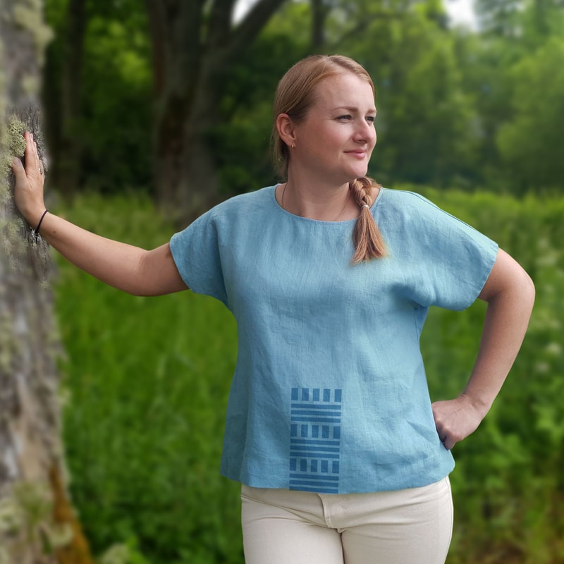 Linen Blouse Sky Blue Sustainable Linen Top Geometric Design Oversize Linen Top Hand Block Print Na